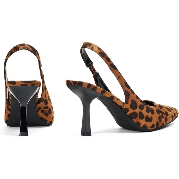 Women Brown Leopard Satin Pointed Closed Toe Slingback Mid Heels Stiletto Pumps - Picture 4 of 9